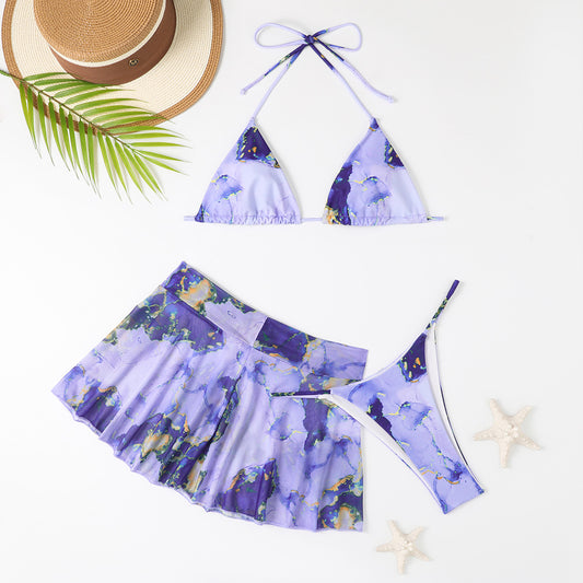 Split gradient print bikini three-piece set