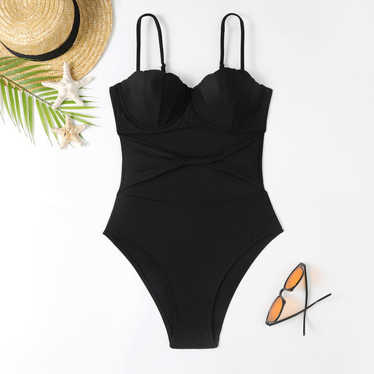 One-piece tummy-covering tight shell bikini