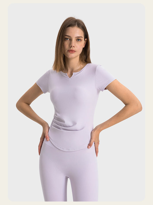 V-neck pleated, waist-cinching and slimming sports short sleeves with movable chest pads