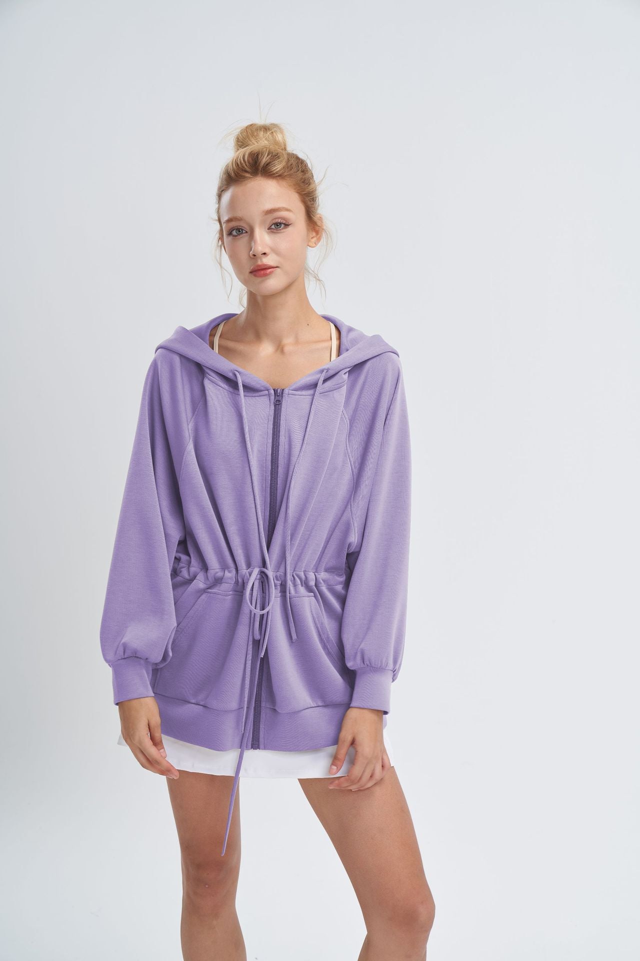 Bat design hooded waist-cinching sweatshirt