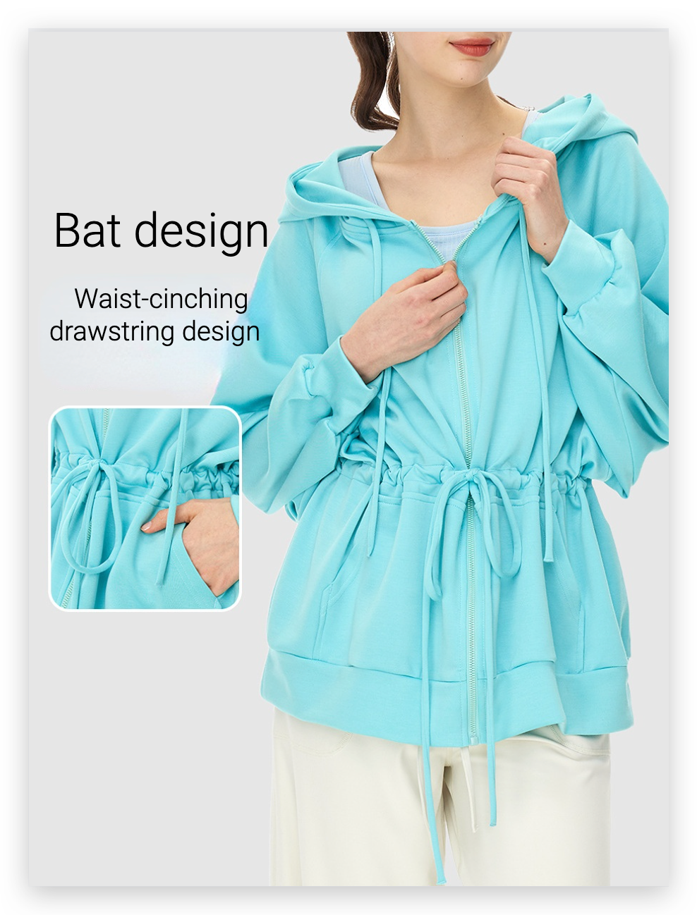 Bat design hooded waist-cinching sweatshirt